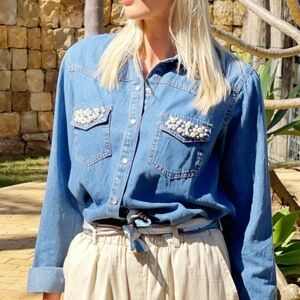 Adobe Rose Vintage Denim Shirt Rhinestone Long Sleeve Womens, Size M